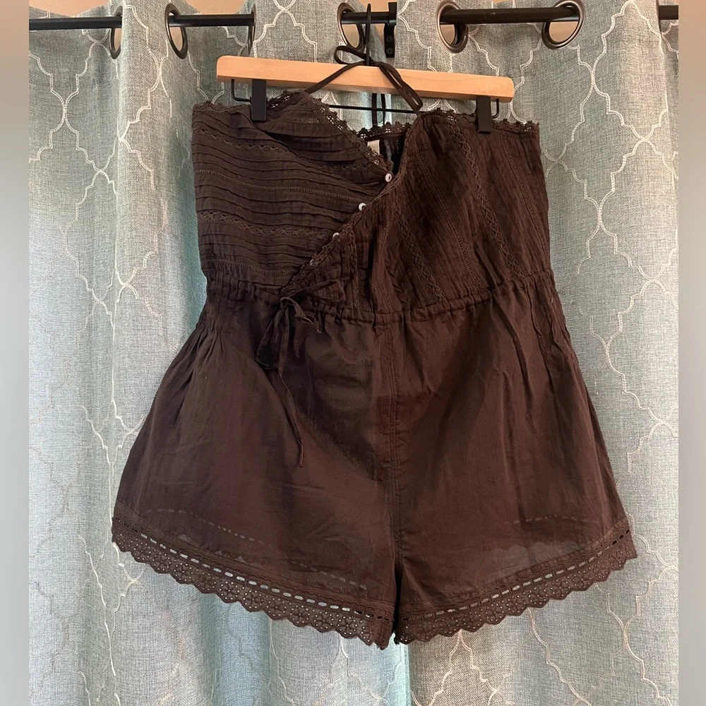 Free People Brown Eyelet Lace-Trim Sleeveless Romper